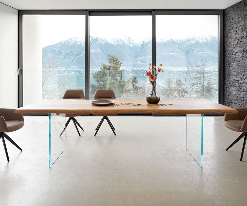 Dining Table Olympus Live Edge 260cm Acacia Wood Natural Glass Frame 35mm Top