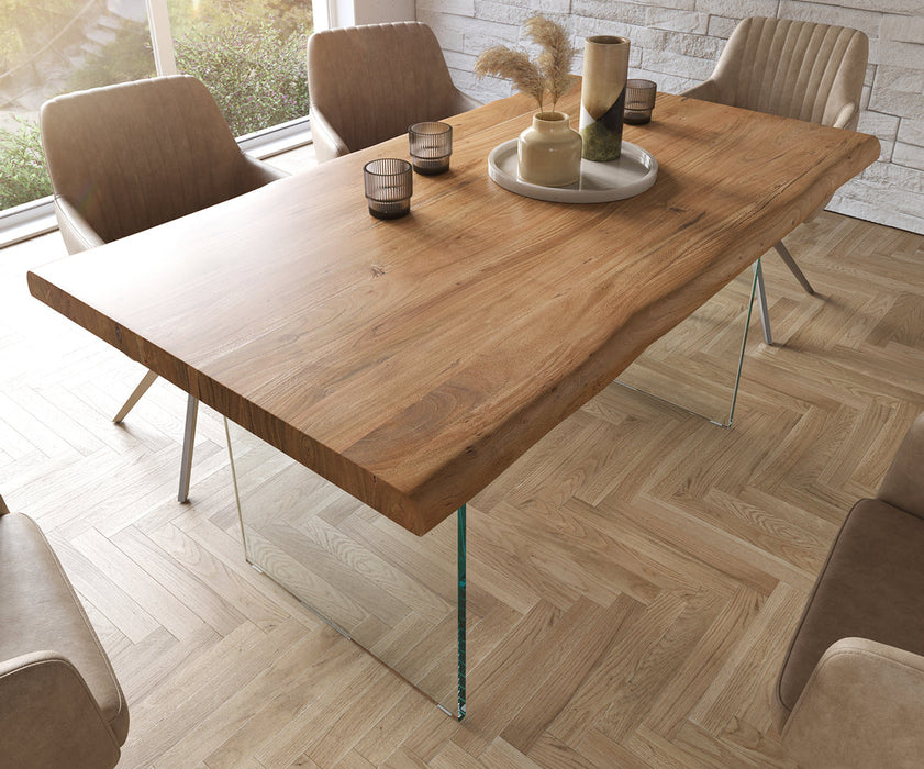 Dining Table Olympus Live Edge 160cm Acacia Wood Natural Glass Frame 55mm Top