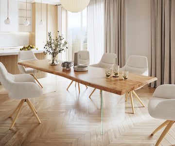 Dining Table Olympus Live Edge 280cm Acacia Wood Natural Glass Frame 55mm Top