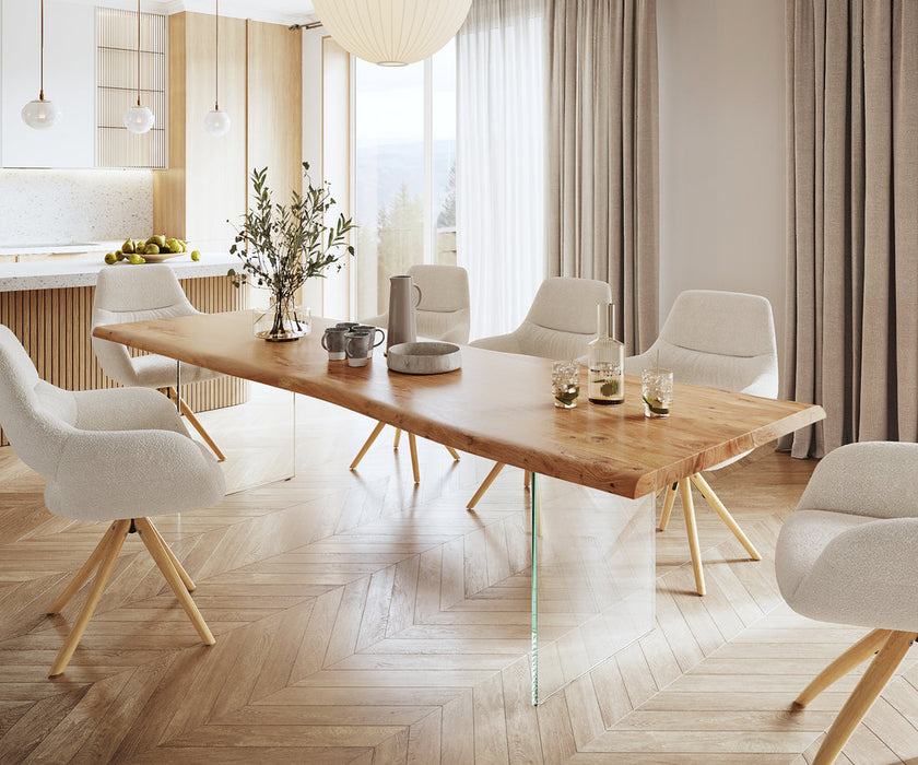 Dining Table Olympus Live Edge 280cm Acacia Wood Natural Glass Frame 55mm Top