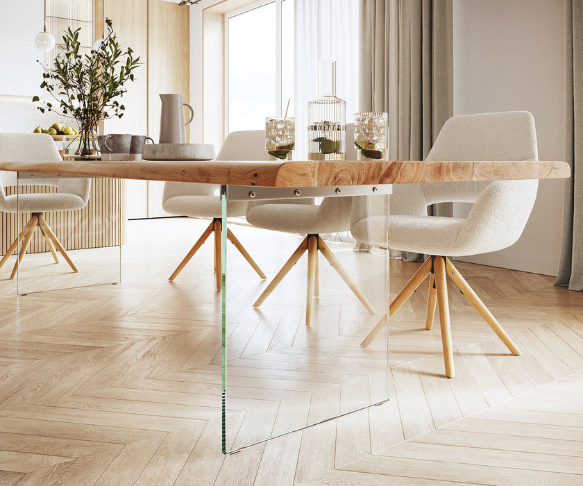 Dining Table Olympus Live Edge 280cm Acacia Wood Natural Glass Frame 55mm Top