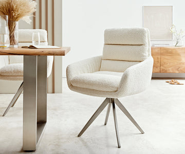 Dining Chair Abelia Bouclé White Cross Angular Base Silver 180° Swivel