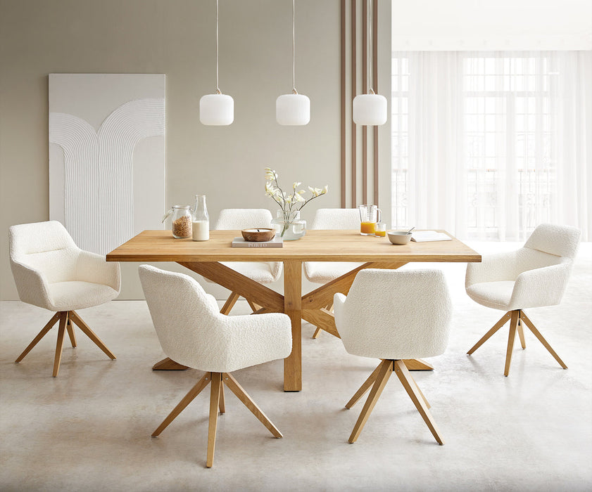 Dining Chair Pejo Bouclé White Cross Angular Base Wooden 180° Swivel Pocket Springs