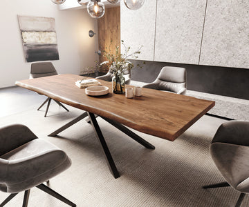 Dining Table Olympus Live Edge 260cm Acacia Wood Brown Cross Frame Black 55mm Top