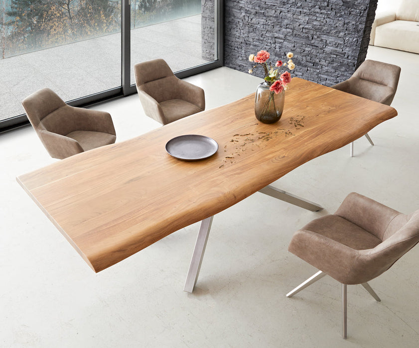 Dining Table Olympus Live Edge 260cm Acacia Wood Natural Cross Frame Steel 55mm Top