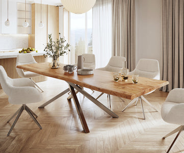 Dining Table Olympus Live Edge 300cm Acacia Wood Natural Cross Frame Steel 55mm Top