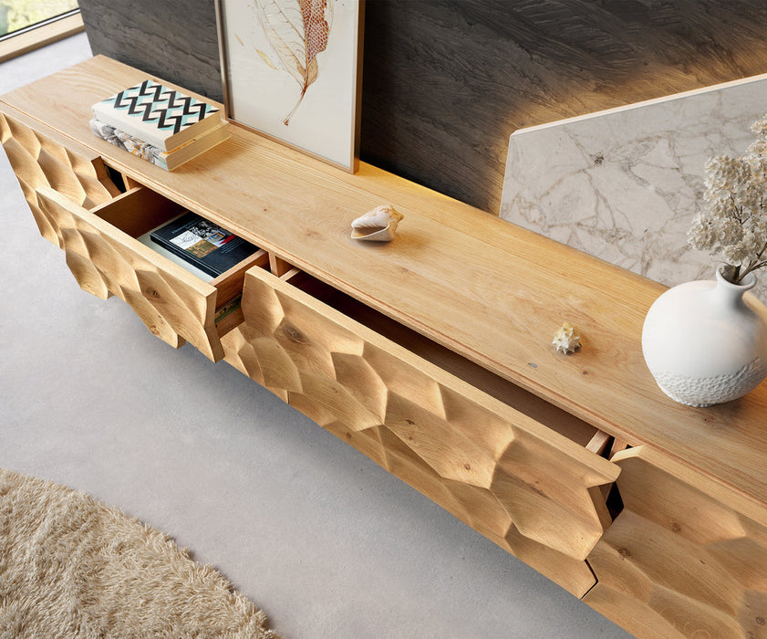 TV Stand Solu 260cm Oak Wood Natural 2 Doors 6 Drawers 3D Front