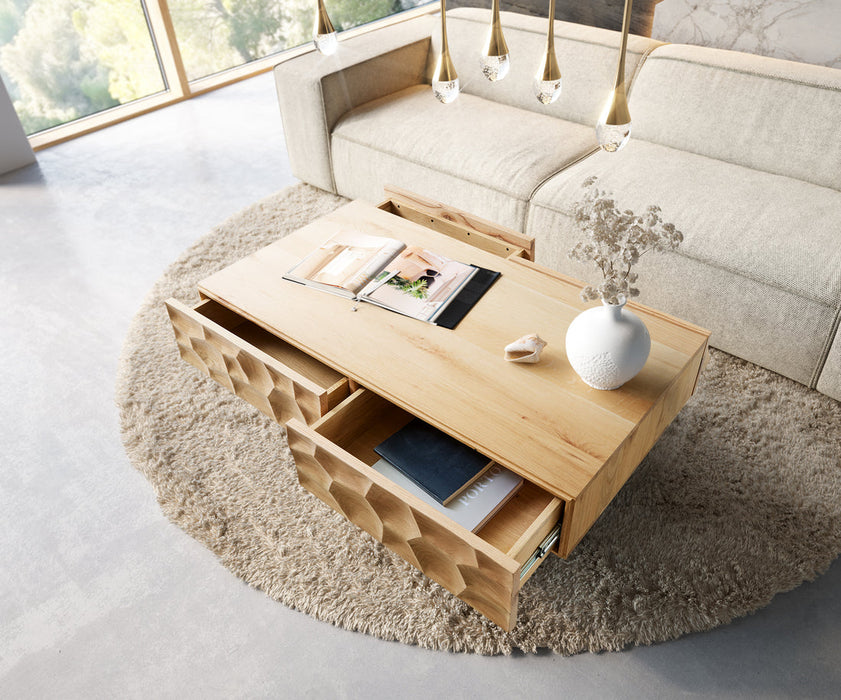 Coffee Table Solu 120x70cm Oak Wood Natural 4 Drawers 3D Front