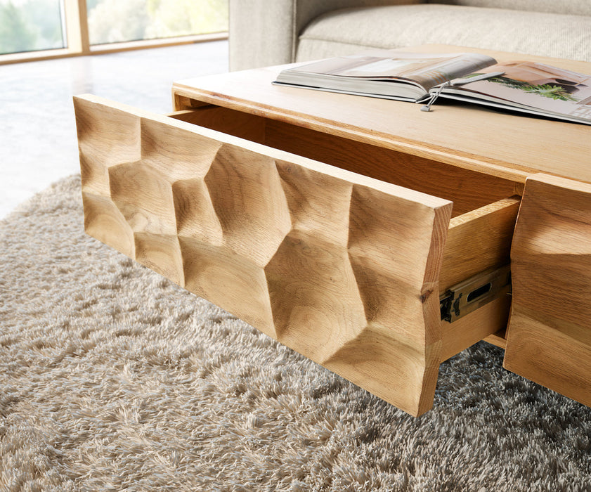 Coffee Table Solu 120x70cm Oak Wood Natural 4 Drawers 3D Front
