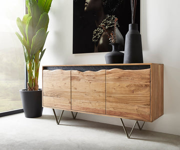 Sideboard Stonegrace Live-Edge 147x45cm Acacia Wood Natural 3 Doors Stone Veneer V-Feet Metal Silver