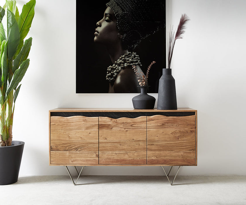 Sideboard Stonegrace Live-Edge 147x45cm Acacia Wood Natural 3 Doors Stone Veneer V-Feet Metal Silver