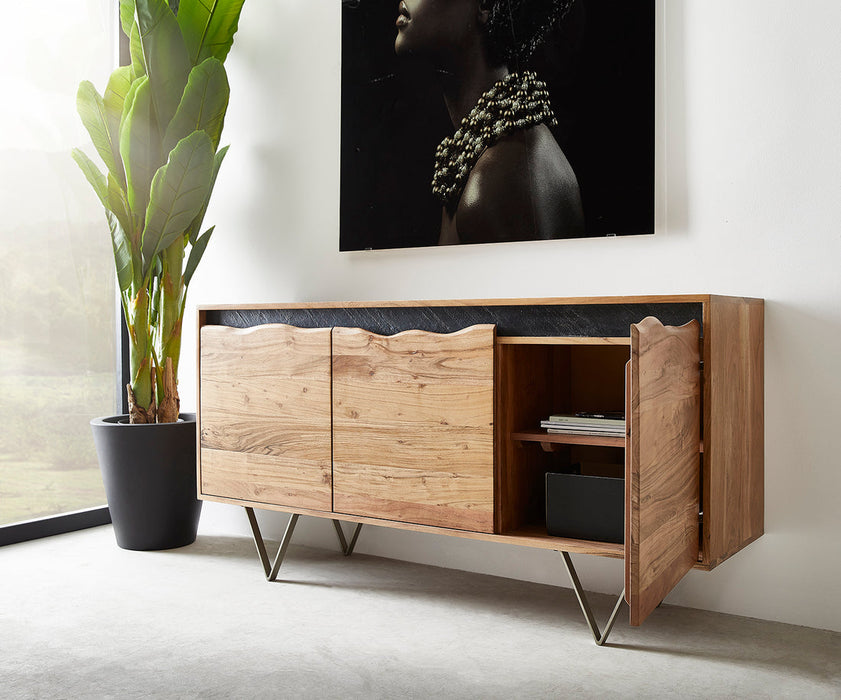 Sideboard Stonegrace Live-Edge 147x45cm Acacia Wood Natural 3 Doors Stone Veneer V-Feet Metal Silver