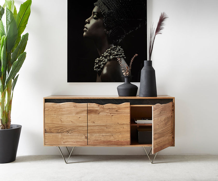 Sideboard Stonegrace Live-Edge 147x45cm Acacia Wood Natural 3 Doors Stone Veneer V-Feet Metal Silver