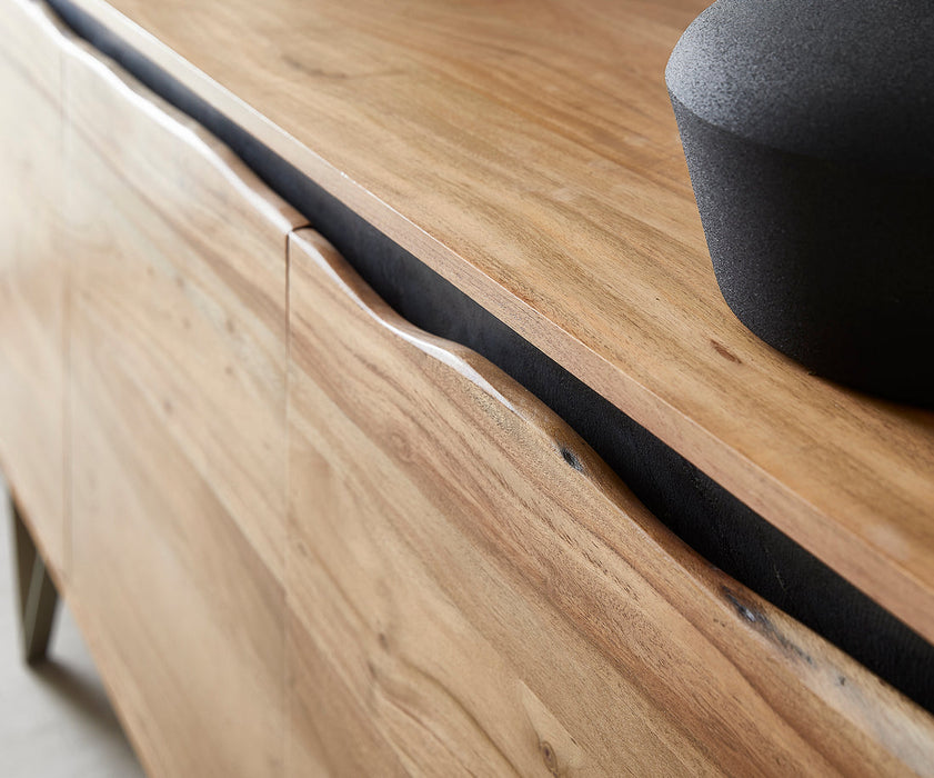 Sideboard Stonegrace Live-Edge 147x45cm Acacia Wood Natural 3 Doors Stone Veneer V-Feet Metal Silver