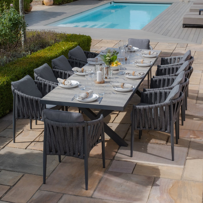Vienna 6 - 10 Seat Extending Rectangular Dining Table with Charcoal Frame and 10 Milan Charcoal Rope Weave Dining Chairs