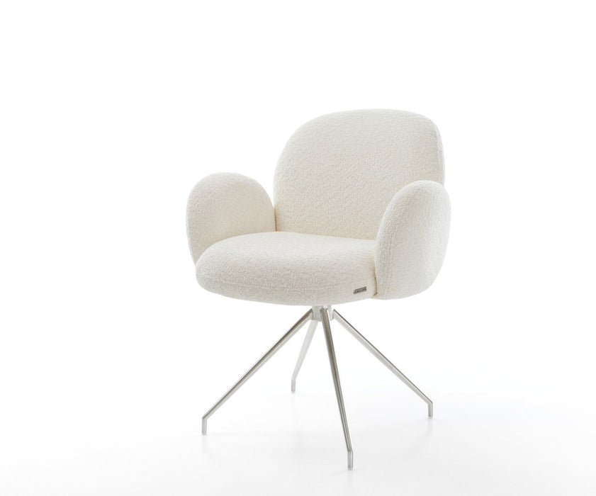Dining Chair Nube Bouclé White Cross Conical Base Silver 180° Swivel Pocket Springs