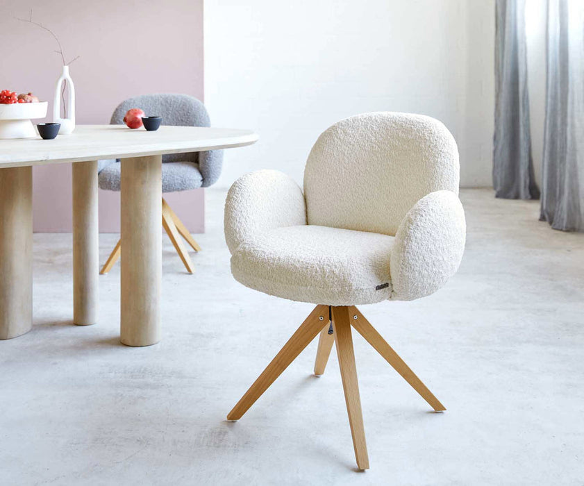 Dining Chair Nube Bouclé White Cross Angular Base Wooden 180° Swivel Pocket Springs