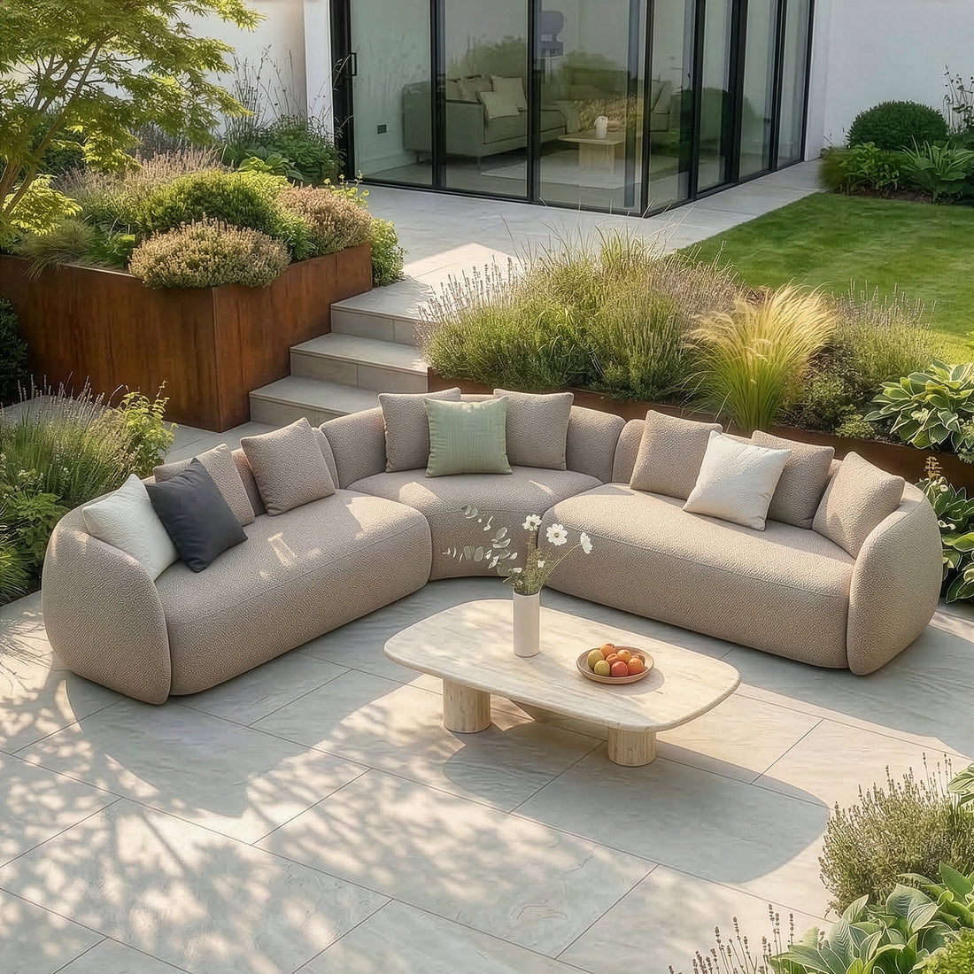 Outdoor Fabric Monte Carlo Large Corner Sofa Set - Greige Boucle