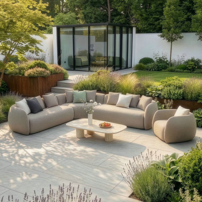 Outdoor Fabric Monte Carlo Large Corner Sofa Set with Armchair - Greige Boucle