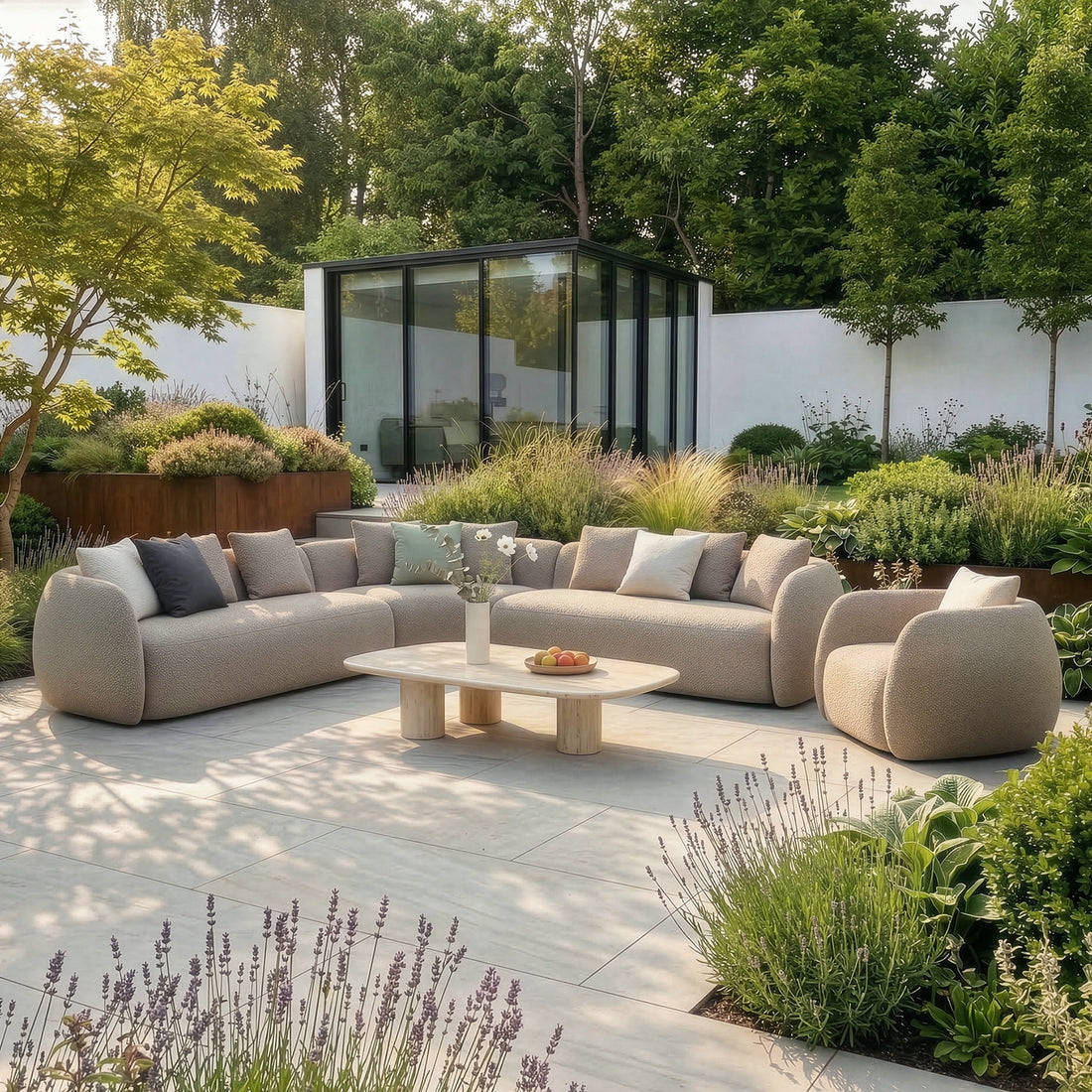 Outdoor Fabric Monte Carlo Large Corner Sofa Set with Armchair - Greige Boucle