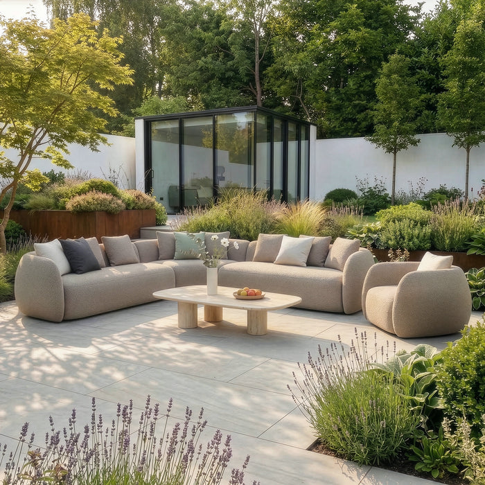 Outdoor Fabric Monte Carlo Large Corner Sofa Set with Armchair - Greige Boucle