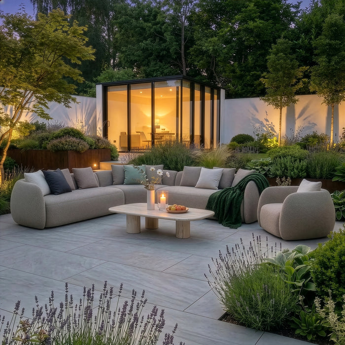 Outdoor Fabric Monte Carlo Large Corner Sofa Set with Armchair - Greige Boucle