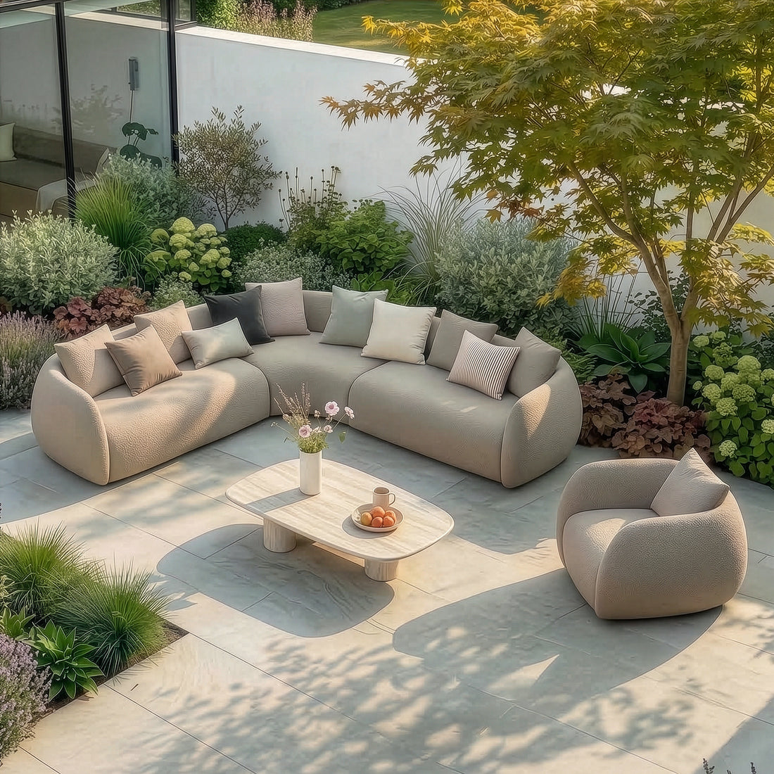 Outdoor Fabric Monte Carlo Small Corner Sofa Set with Armchair - Greige Boucle