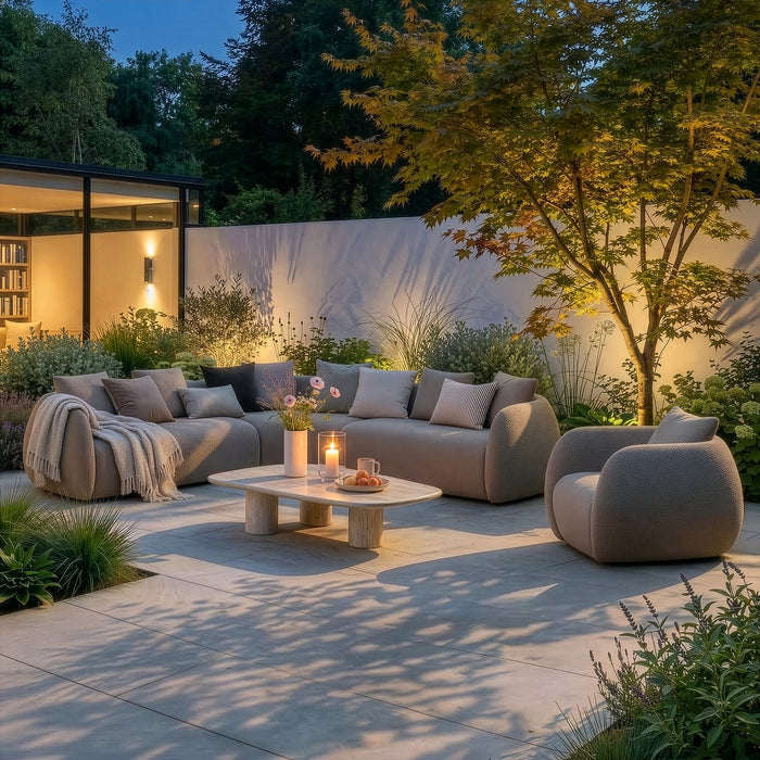 Outdoor Fabric Monte Carlo Small Corner Sofa Set with Armchair - Greige Boucle
