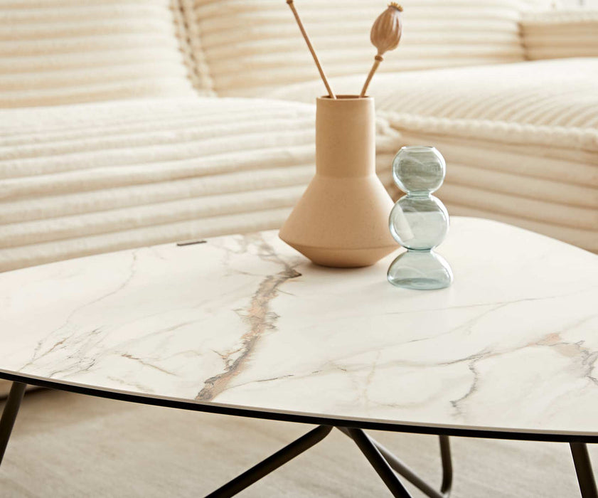 Coffee Table Ekrem 88x85cm Ceramic Calacatta Luxe Gold Haripin Frame Metal Titanium
