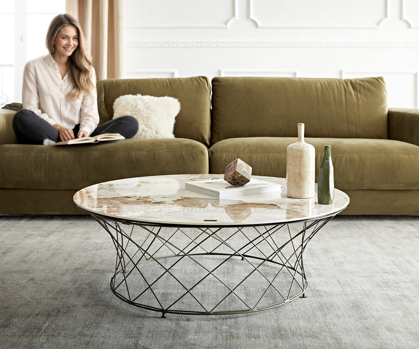 Round Coffee Table Aurora 100x100cm Ceramic Minas Melange Beige Metal Cage Frame Titanium