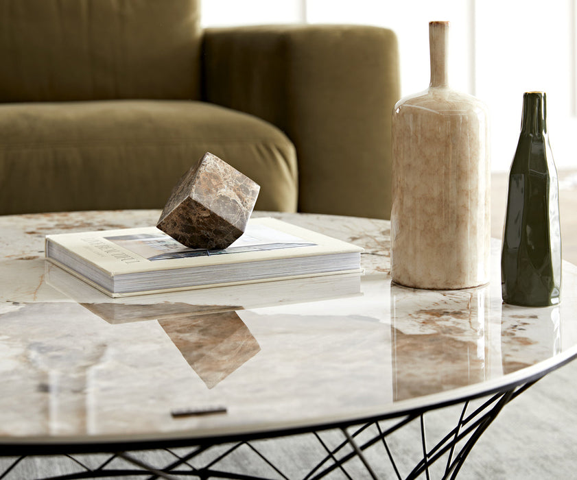 Round Coffee Table Aurora 100x100cm Ceramic Minas Melange Beige Metal Cage Frame Titanium