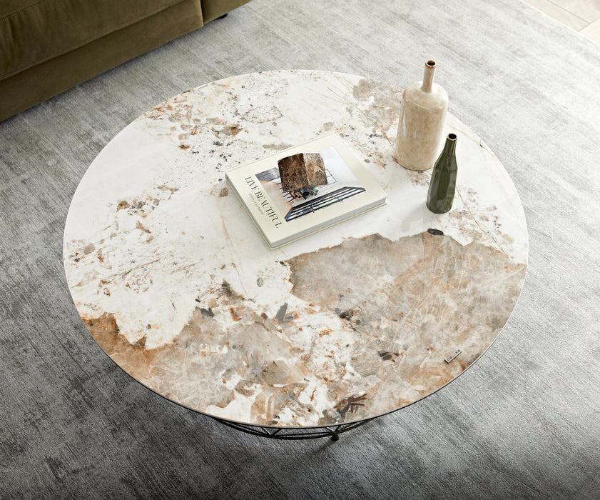 Round Coffee Table Aurora 100x100cm Ceramic Minas Melange Beige Metal Cage Frame Titanium
