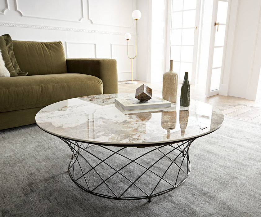 Round Coffee Table Aurora 100x100cm Ceramic Minas Melange Beige Metal Cage Frame Titanium