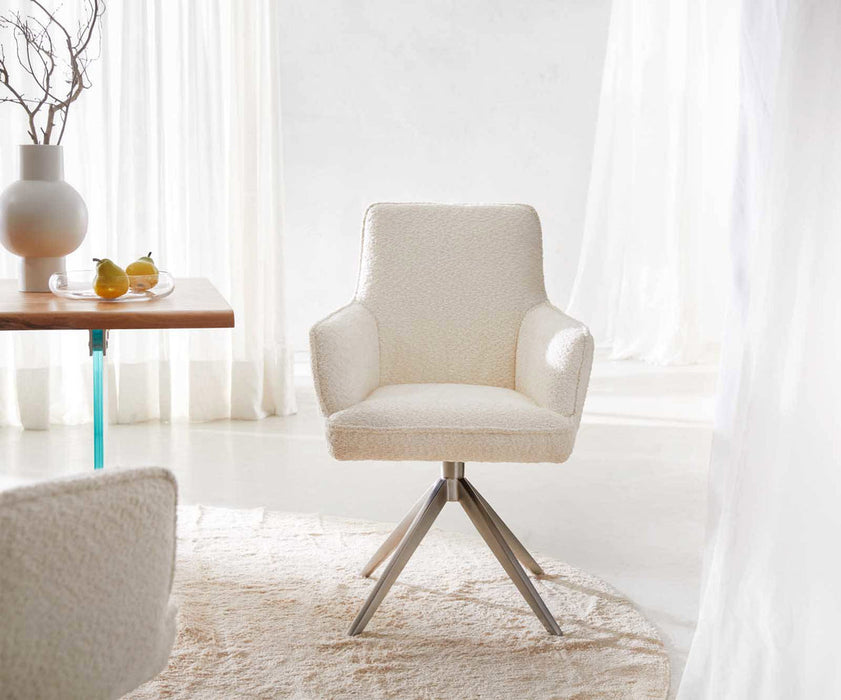 Dining Chair Heira Bouclé White Cross Base 360° Swivel Silver Pocket Springs