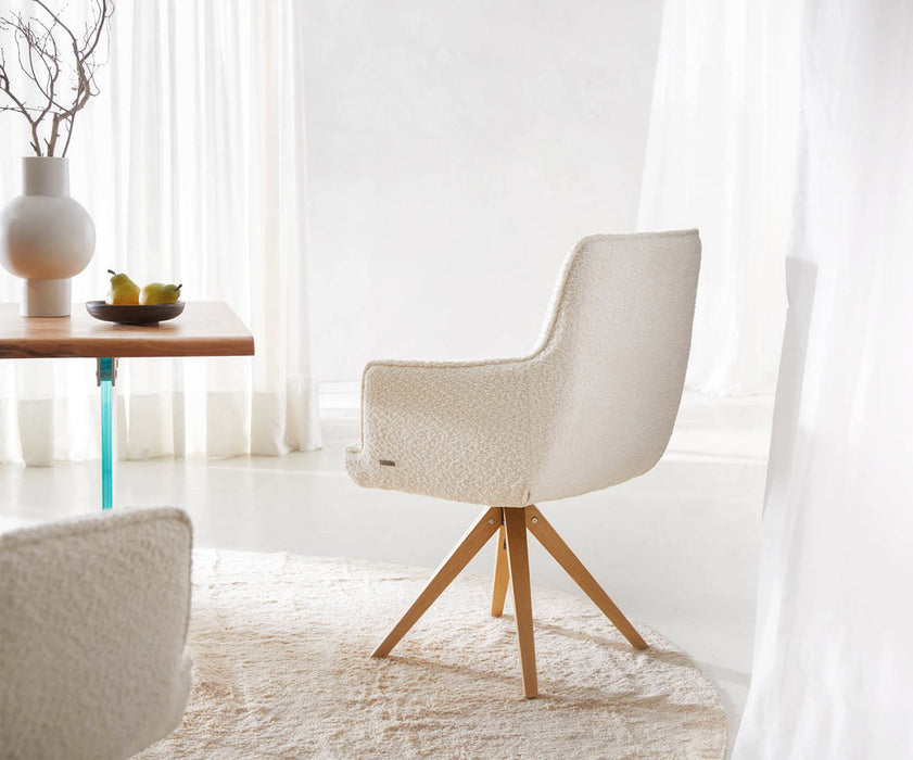 Dining Chair Heira Bouclé White Cross Angular Base Wooden 180° Swivel Pocket Springs