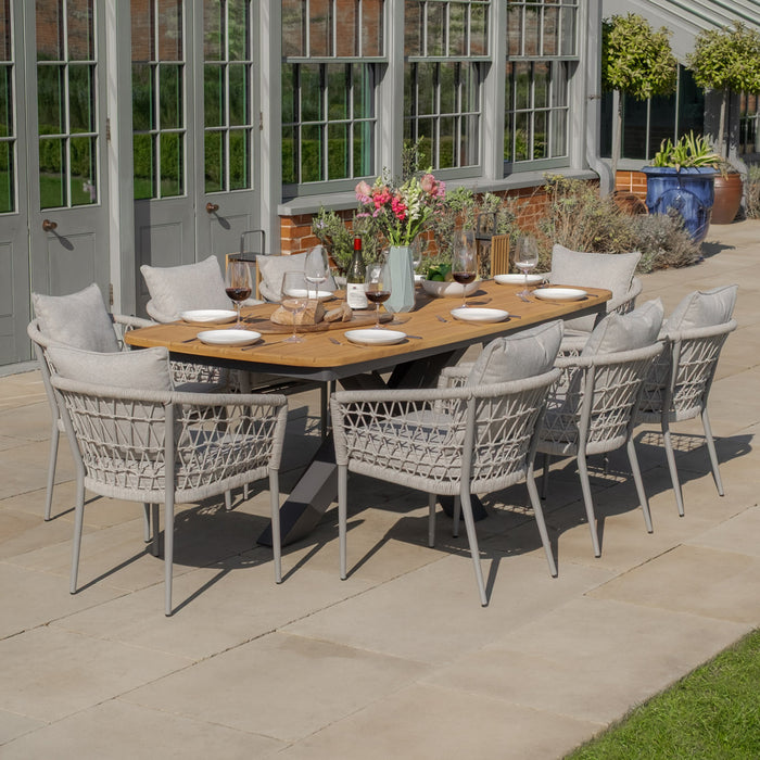 Jakarta Teak Oval Dining Table with 8 Monaco Cool Linen Rope Weave Dining Chairs