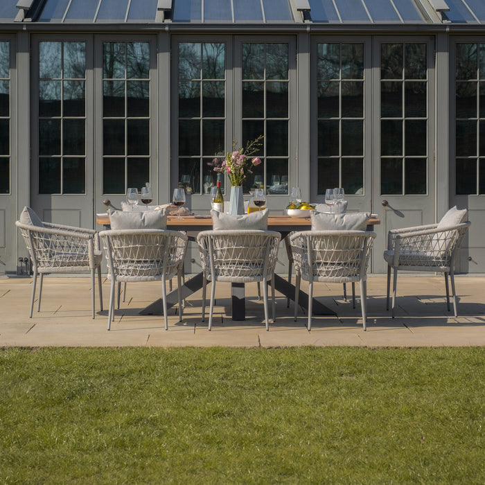 Jakarta Teak Oval Dining Table with 8 Monaco Cool Linen Rope Weave Dining Chairs