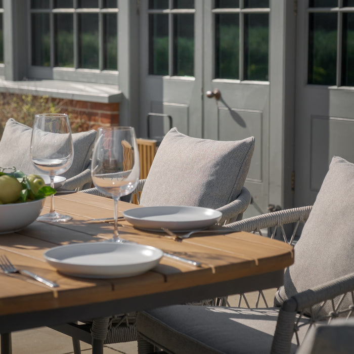 Jakarta Teak Oval Dining Table with 8 Monaco Cool Linen Rope Weave Dining Chairs