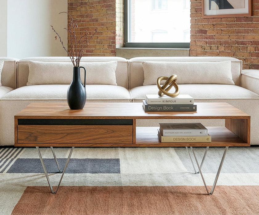 Coffee Table Stonegrace 115x60cm Acacia Natural Metal Feet Silver 2 Drawers 1 Compartment Natural Slate
