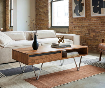 Coffee Table Stonegrace 115x60cm Acacia Natural Metal Feet Silver 2 Drawers 1 Compartment Natural Slate