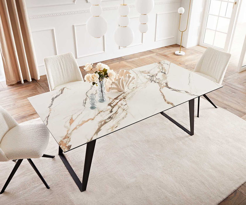 Dining Table Aurora 200x100cm Ceramic Calacatta Luxe Gold Slanted Frame Black