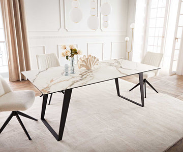 Dining Table Aurora 200x100cm Ceramic Calacatta Luxe Gold Slanted Frame Black