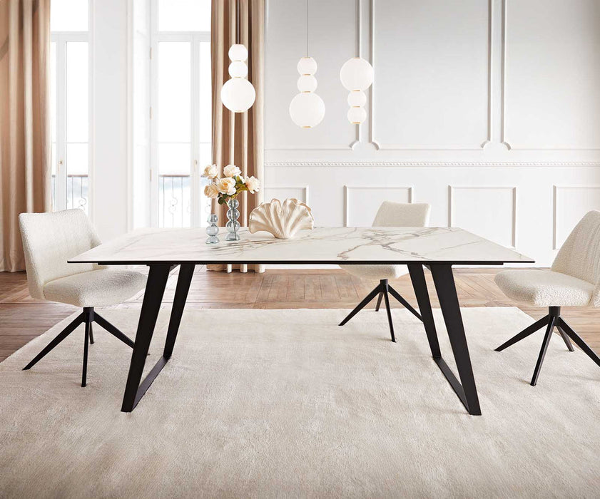 Dining Table Aurora 200x100cm Ceramic Calacatta Luxe Gold Slanted Frame Black