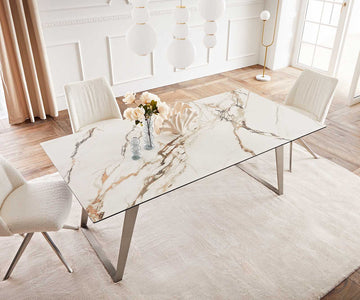 Dining Table Aurora 200x100cm Ceramic Calacatta Luxe Gold Slanted Frame Silver