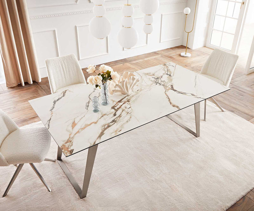 Dining Table Aurora 200x100cm Ceramic Calacatta Luxe Gold Slanted Frame Silver
