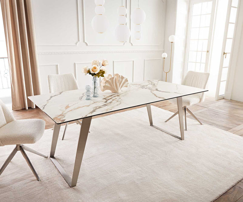 Dining Table Aurora 200x100cm Ceramic Calacatta Luxe Gold Slanted Frame Silver