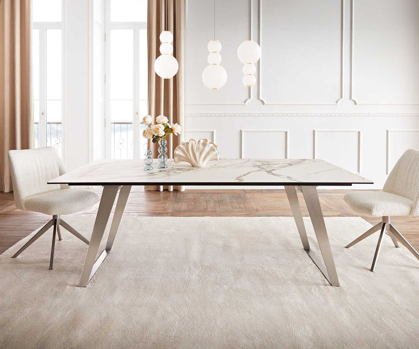 Dining Table Aurora 200x100cm Ceramic Calacatta Luxe Gold Slanted Frame Silver