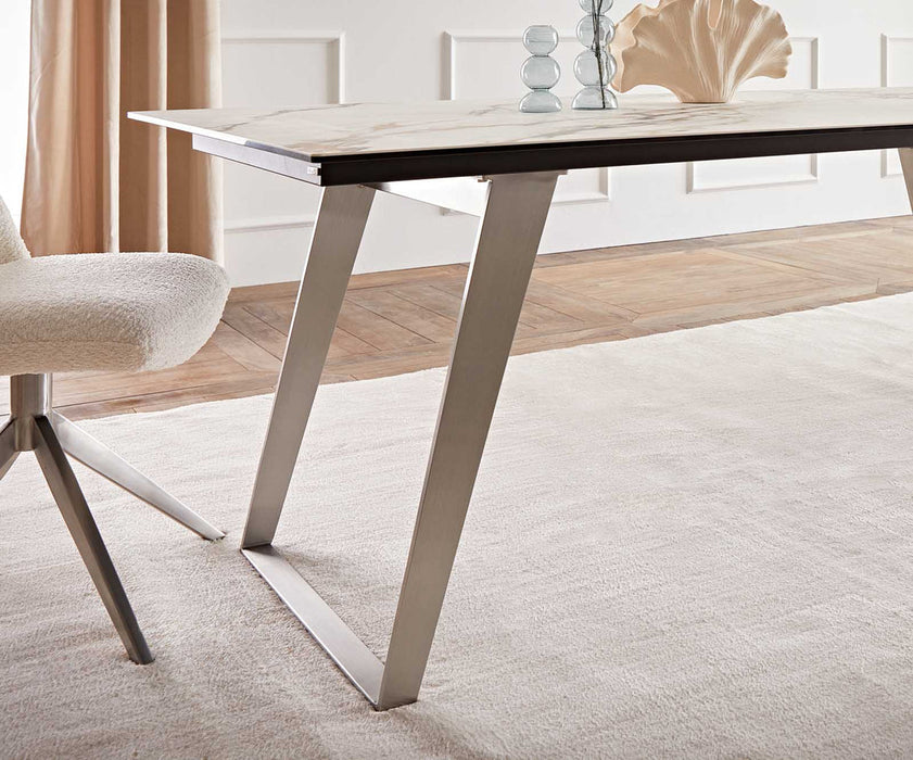 Dining Table Aurora 200x100cm Ceramic Calacatta Luxe Gold Slanted Frame Silver