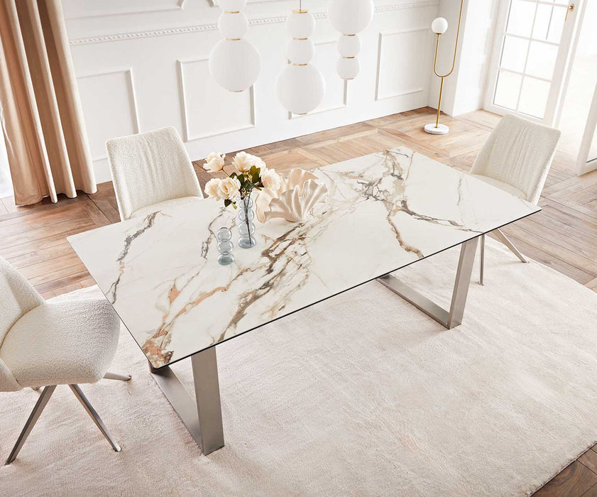Dining Table Aurora 200x100cm Ceramic Calacatta Luxe Gold Square Frame Slim Silver