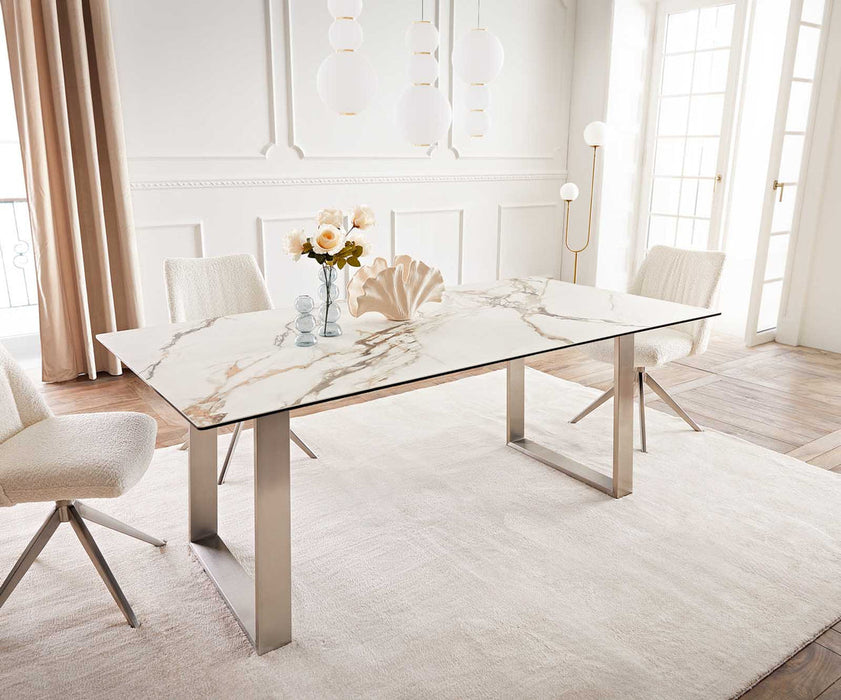 Dining Table Aurora 200x100cm Ceramic Calacatta Luxe Gold Square Frame Slim Silver
